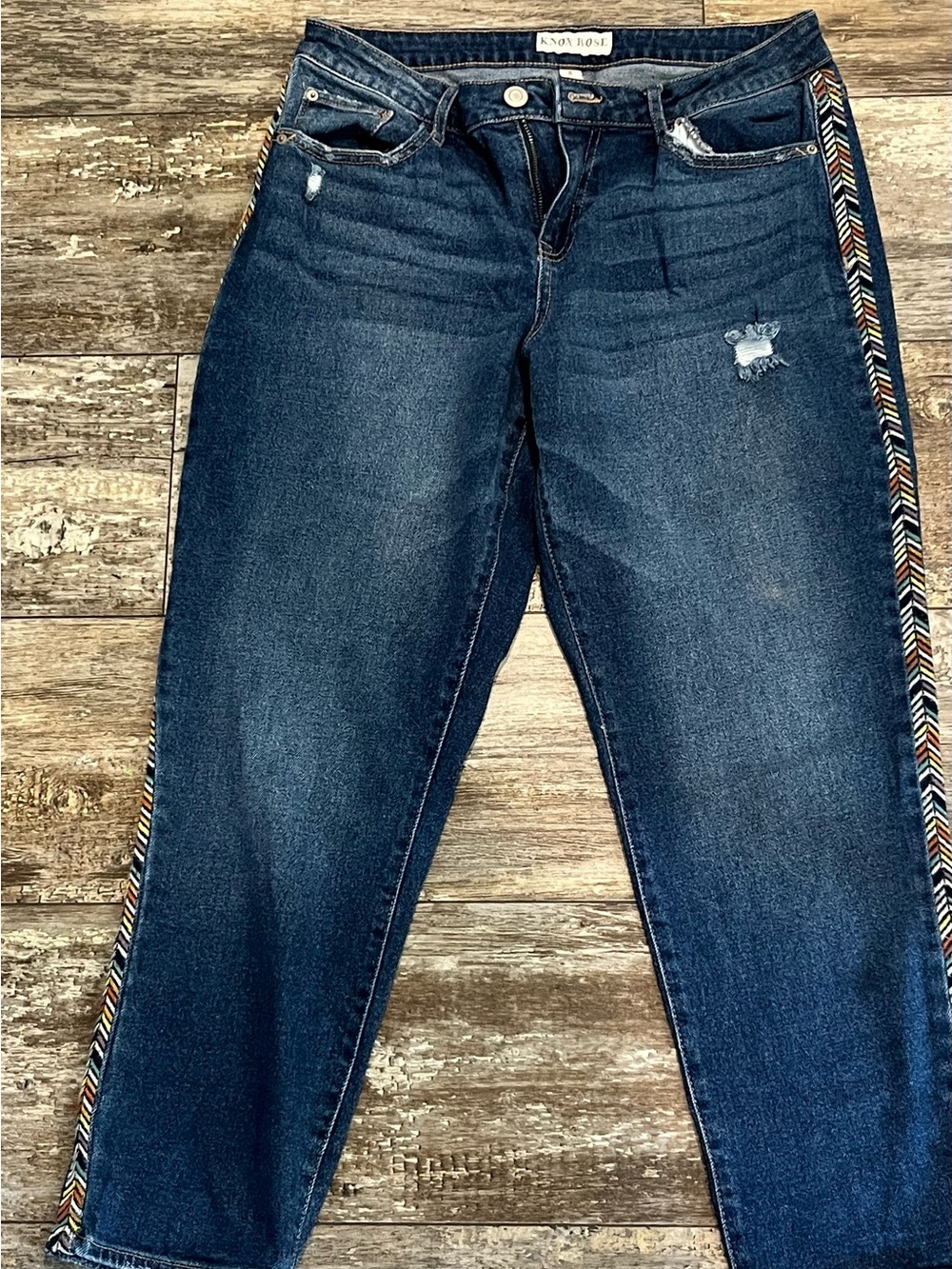 Knox Rose Women’s Dark Blue Distressed Jeans with Side Trim